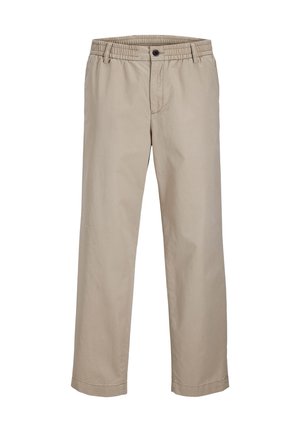 Béžové, lehké bavlněné kalhoty s elastickým pasem, zapínáním na knoflík, rovnými nohavicemi a jemnou texturou. Minimalistický design bez vzorů.