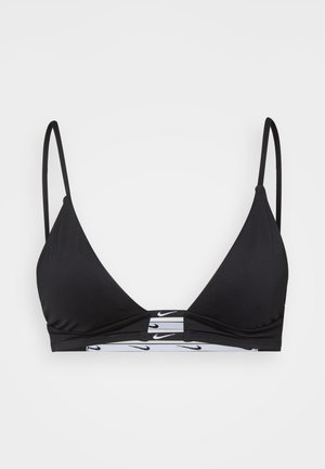 Black triangular bikini top with thin straps and a contrasting white branded elastic band. Smooth fabric, minimalist design, no padding.