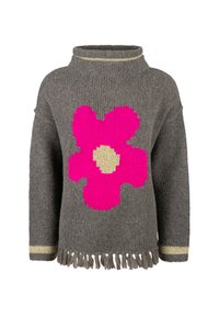 Gray knit sweater with large pink flower and cream center on front, gold accents on collar and cuffs, and fringe at hem.