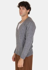 Giovane uomo con capelli ricci scuri indossa un cardigan grigio con bottoni sopra una camicia bianca e pantaloni marroni, in piedi contro uno sfondo chiaro e semplice.