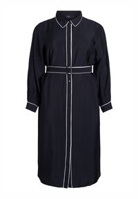 Crna midi košulja haljina dugih rukava s bijelim obrubom, dugmadi sprijeda, kragnom, pojasom u struku i manžetama.