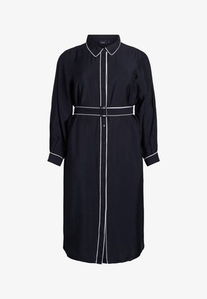 Vestido midi de camisa negro de manga larga con ribetes blancos, cierre frontal con botones, cuello, cintura ceñida con cinturón y mangas con puños.