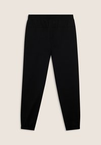 Pantalons de jogging noirs avec une taille élastique, des poignets resserrés et une texture lisse et douce, conçus pour le confort et la liberté de mouvement.