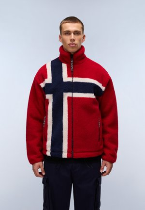 Rød, blå og creme farvet fleecejakke med et norsk flag design, høj krave, lynlås lukning og sidelommer. Tekstiler, varm materiale.