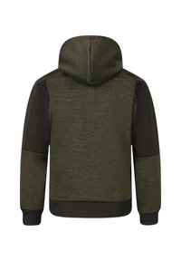 Grøn hættetrøje med et tekstureret stof, der har en mørkebrun detalje på skuldre og ærmer. Inkluderer hætte samt ribkant ved manchetter og bund.