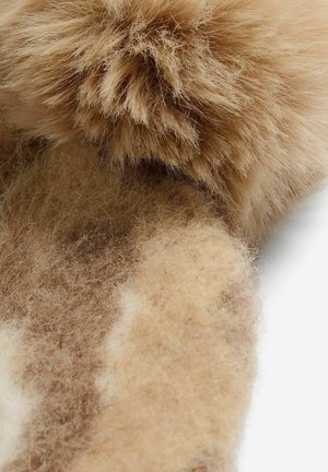 Bruine wolstof met een fuzzy textuur, met een zachte, pluizige bobbel en een gemêleerd patroon van lichtere en donkerdere tinten.