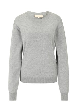 Lys grå sweater i blødt strik med rund halsudskæring, ribbede manchetter og kant. Har en afslappet pasform og ingen synlige mønstre.