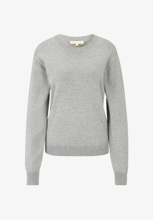 Lys grå sweater i blødt strik med rund halsudskæring, ribbede manchetter og kant. Har en afslappet pasform og ingen synlige mønstre.