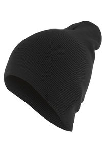 Black knitted beanie hat with a smooth texture, tapered design, and a slight slouch at the crown, featuring a rolled edge.