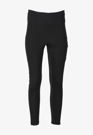 Legging sportivi neri con una fascia in vita larga, texture liscia e tasca laterale; design aderente per comfort e facilità di movimento.