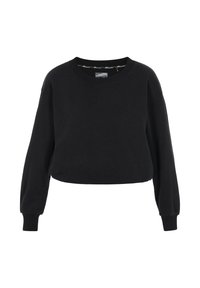 Zwarte cropped sweatshirt met lange mouwen, ronde hals en zachte textuur. Heeft een minimalistisch ontwerp zonder patronen of accenten.