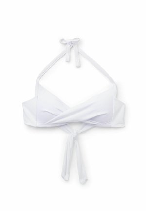Hvid halterbikinitop med omslagsfront og bindelukninger ved hals og ryg, vist fladt på en hvid baggrund.