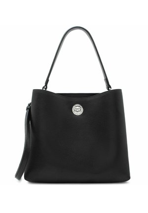 Schwarze Handtasche aus strukturiertem Leder mit einem einzelnen Schulterriemen und rundem silbernem Verschluss in der Mitte vorne.