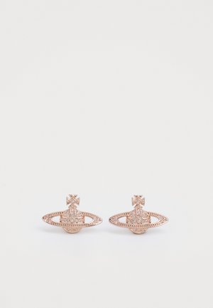 Rose gold earrings featuring a geometric design with circular accents and a cross motif, embellished with small clear crystals.