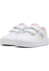 Weiße Ledersneaker mit rosa Akzenten, doppelten Klettverschlüssen, perforiertem Zehenbereich und Blumenstickerei an der Seite. Gerippte Gummisohle.