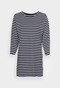 Camisola de manga longa às riscas azul-marinho e branca, com decote redondo, feita de um tecido suave, apresentando riscas horizontais e um design de corte descontraído.