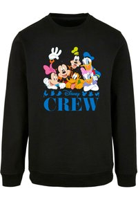 Felpa nera con personaggi dei cartoni animati colorati, tra cui Topolino, e la scritta "Disney CREW" in blu.