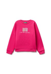 Felpa a maniche lunghe di un brillante colore rosa, con polsini e orlo a coste, caratterizzata da cinque grafiche di matite colorate e la scritta "united colors of benetton" sul petto.
