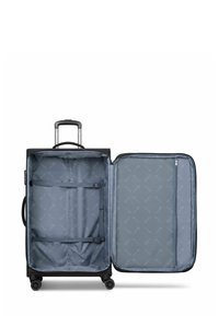 Zwarte koffer met rits en uitschuifbare handgreep, met een grijze binnenkant met riemen en een mesh zak voor organisatie. Vier wielen.