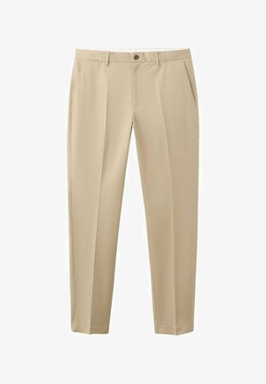 Pantalon beige sur mesure avec plis à l'avant, poches latérales, passants pour ceinture, fermeture par bouton, et coupe droite.