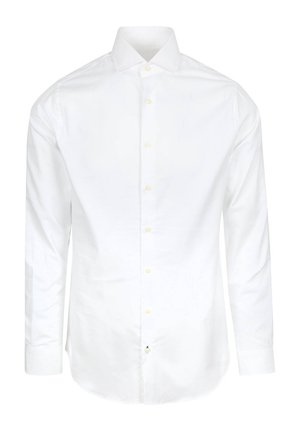 Weißes langärmliges Hemd aus Baumwolle mit spitzem Kragen, vorderer Knopfverschluss und abgerundetem Saum. Verfügt über gelbe Knöpfe und strukturierte Manschetten.