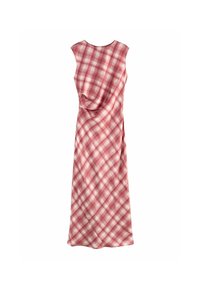 Robe à carreaux rose en tissu lisse, avec un design sans manches et un drapé sur le côté. Silhouette longue et fluide avec un col rond.