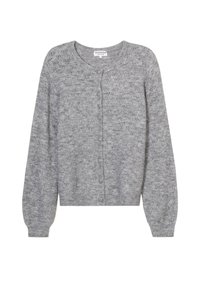 Szary dziergany kardigan z długimi rękawami, ściągaczami na mankietach i u dołu, z zapięciem na guziki oraz fakturowanym wzorem na całej powierzchni.