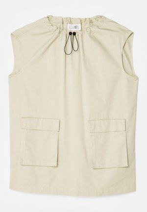 Beige sleeveless top with a gathered neckline, adjustable drawstring, and two front patch pockets. Made from a lightweight fabric.