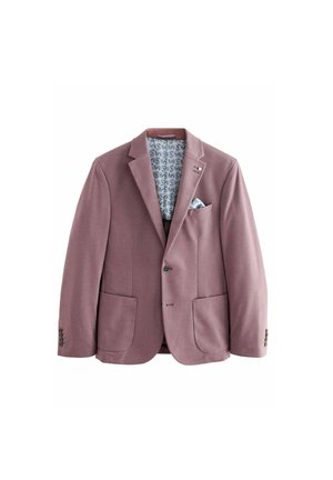 Heller mauvefarbener Blazer mit aufgesetzten Revers, zwei Vordertaschen und gefüttertem blauen Innenfutter mit Muster. Enthält ein passendes Einstecktuch.