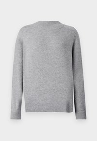 Grauer Rundhalsausschnitt-Pullover aus weichem Stoff. Hat lange Ärmel und gerippte Bündchen, mit lässiger Passform und glatter Textur.