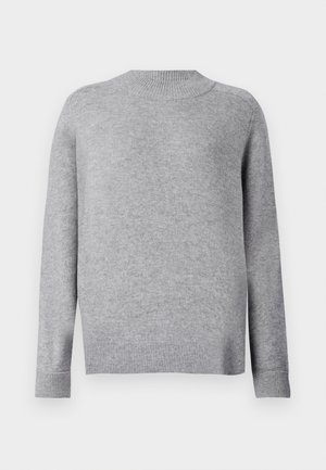Grey crew neck sweater made from soft fabric. Features long sleeves and ribbed cuffs, with a relaxed fit and smooth texture.