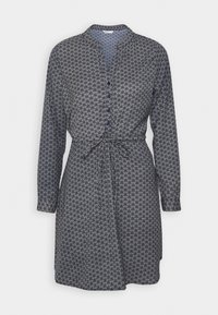 Robe bleue à motif avec manches longues, fermeture à boutons, col en v et détail de taille à nouer. Présente un imprimé floral sur un fond clair.