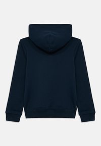Navy blue hooded sweatshirt with long sleeves, ribbed cuffs and hem, smooth fabric texture, and a seam running down the center of the back.