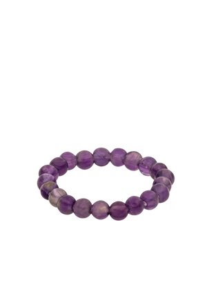Round purple amethyst beads strung together to form a stretchy bracelet on a white background.