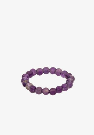 Round purple amethyst beads strung together to form a stretchy bracelet on a white background.