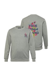 Šedá mikina vyrobená z měkké látky, s dlouhými rukávy, kulatým výstřihem a pestrými květinovými grafikami s textem na přední i zadní straně.