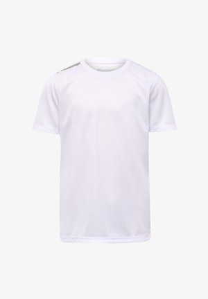 Kurzärmliges, weißes Sporthemd aus atmungsaktivem Mesh-Gewebe, mit dezentem Logodetail an der Schulter und Rundhalsausschnitt.