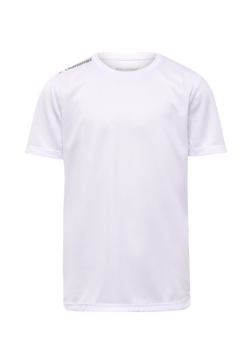 T-shirt de sport blanc à manches courtes en tissu en maille respirante, avec un détail de logo subtil sur l'épaule et un col rond.