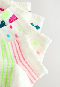 Kleurige crew sokken in het wit, met patronen van stippen en strepen in roze, groen en blauw. Zachte textuur met een gerimpelde manchet.