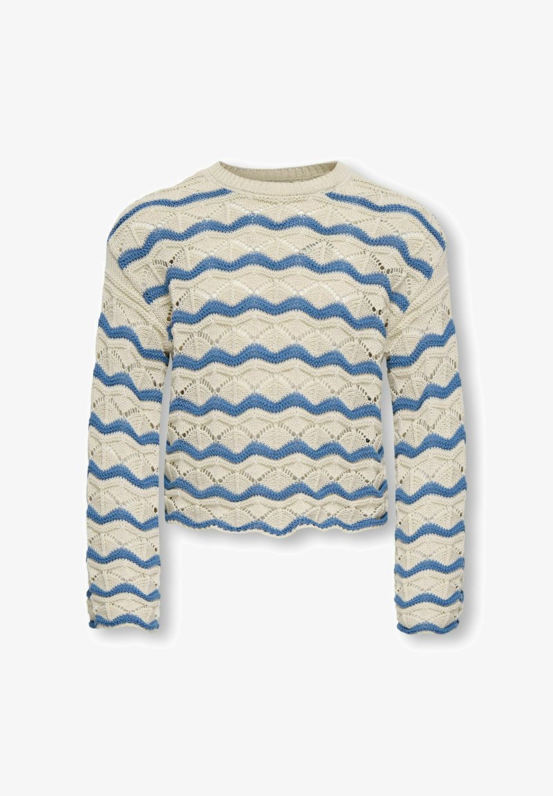 Pull en maille crème avec des rayures horizontales ondulées bleues, manches longues, encolure ronde, et ourlets et poignets festonnés.