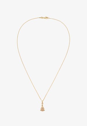 Goldkette mit einem zarten, baumförmigen Anhänger, der mit kleinen, klaren Edelsteinen verziert ist, und einem einfachen Verschluss.