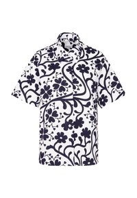 Kurzarmhemd aus weißem Stoff mit einem navyblauen Blumen- und Weinmuster, ausgestattet mit einem klassischen Kragen und einer Knopfleiste vorne.
