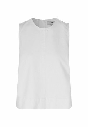 Ujjatlan fehér blúz kerek nyakkivágással és finom varrási részletekkel, kis hátul záródó cipzárral, a méretjelzés a gallér belsejében látható.