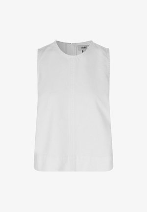 Valge varrukateta pluus ümar kaelusega ja peente õmblusdetailidega, tagaküljel väike tõmblukk, suuruse silt kaeluse sees nähtav.