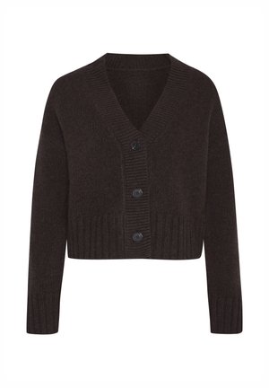 Donkerbruine cropped cardigan gemaakt van een zachte gebreide stof, met een V-hals, geribde zoom en vijf zwarte knopen aan de voorkant.