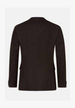 Zwarte colbert, gemaakt van een gestructureerde stof, met een getailleerde pasvorm. Heeft ingesneden revers, een enkele split en een gladde achterkant.