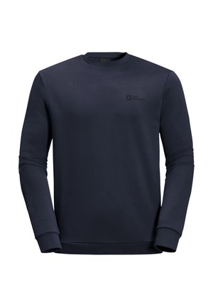 Marineblauwe sweatshirt van zachte stof, met een ronde hals, lange mouwen en een klein logo op de borst. Eenvoudig ontwerp met geribbelde manchetten.
