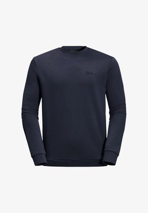 Navy sweatshirt made of soft fabric, featuring a crew neck, long sleeves, and a small logo on the chest. Simple design with ribbed cuffs.