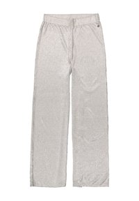 Zilverkleurige wijde broek met een gestructureerd oppervlak, elastische tailleband en een enkele decoratieve knoopdetail. Geen zichtbare zakken.