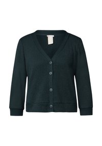 Mörkgrön stickad cardigan med V-ringning, fem knappar framtill och ribbade ärmslut och nederkant. Den strukturerade tyget ökar det visuella intresset.